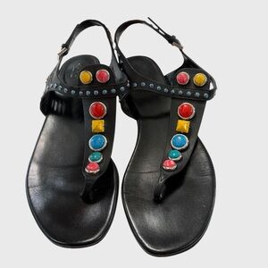 GUCCI Black Leather Strappy Sandals with Multicolor Stones Size 37 1/2